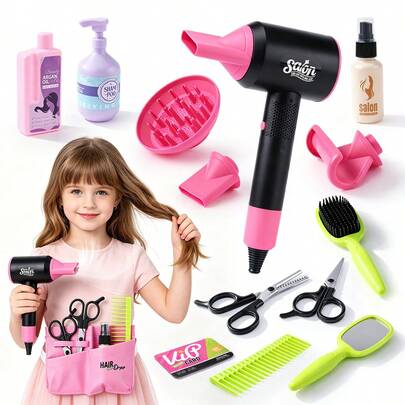 Girls Pretend Play Hair Salon Toy Set, Suitable For Children 3 Years And Above, Complete Styling Tools Including Toy Hair Dryer, Scissors, Comb, Shampoo Bottle And Storage Apron, Preschool Beauty Salon Educational Game Gift, Suitable For Toddlers
