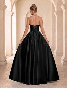 VIPGIRL Women's Solid Color Strapless Slit Pleated Elegant Cinched Waist Evening Dress - Black - View 2