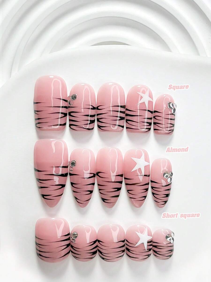 10件組個性化手工穿戴甲，Polygel美甲套組，豹紋五角星水鑽設計，粉色與黑色指甲油，甜酷風，附美甲工具，3種尺寸可選，方型/短方型/杏仁形，適合派對、跳舞、日常配戴 - 彩色 - 查看 1