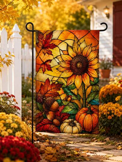 1 pieza Bandera de jardín de otoño, estilo de vidrio teñido con estampado de girasol, hoja de arce, bellota y calabaza, bandera de poliéster para el patio con funda para el poste, decoración vintage de otoño para exteriores para el césped, porche, patio, jardín de granja, temporada de cosecha y decoración del hogar para Acción de Gracias