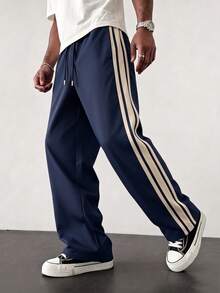 Men's Spring/Summer Casual Commute Pants, Breathable Striped Drawstring Long Pants, Slim Fit Natural Waist Outdoor Running Sports Pants - Navy Blue - View 3