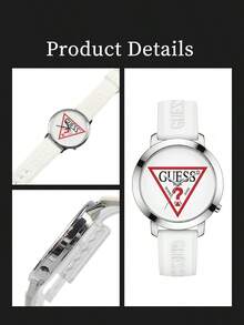 GUESS 銀色錶殼極簡腕錶，復古紅色三角 Logo 印花錶盤、壓紋 Logo 柔軟矽膠錶帶，時尚日常石英手錶 - 白色 - 查看 5