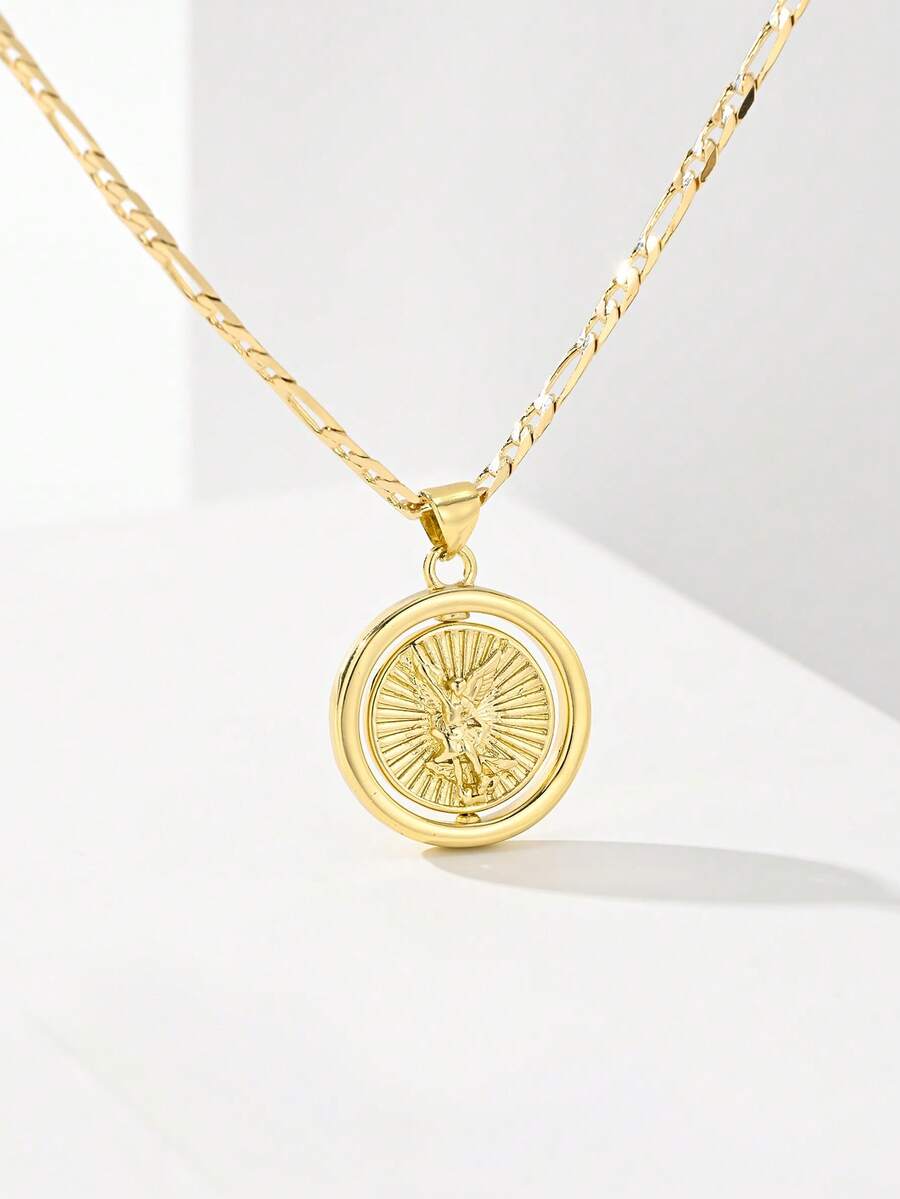 1PC Women's Rotating Round St. Michael The Archangel Pendant Necklace, 14K Gold Plated Copper Material, Rotating Round St. Michael The Archangel Pendant Necklace, Radiating Embossed Sword-Holding Angel Portrait Design Paired With Classic Figaro Chain, Suitable For Christmas/Thanksgiving/Halloween/Mother's Day/Valentine's Day/Couples/Friends/Fellow Believers Gift, Catholic First Communion, Gift, Daily And Holiday Wear For Prayer