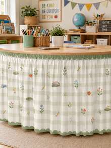 1pc Light Green Plaid Classroom Table Skirt, Sweet Campus Theme Polyester Tablecloth, Daisy Bow Apple Pencil Pattern, School Day Decoration Table Skirt, Suitable For Teacher Gifts, Home Decor, Classroom Decor And Party Decoration - Multicolor - View 7