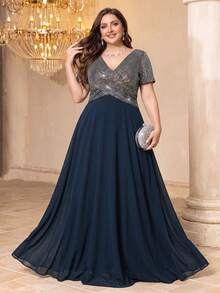 UNITHORSE Plus Size Women Elegant V-Neck Short Sleeve Sequin Patchwork Chiffon Cocktail Party Dress - Navy Blue - View 4