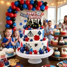 33 Peças Conjunto de Decoração de Bolo Revelação de Gênero de Super-Herói, Decoração de Teia de Aranha Vermelha, Azul, Prata, Cidade, Horizonte, Estrela, Bola, Decoração de Bolo de Aniversário com Tema, Adequado para Chá de Bebê, Suprimentos para Festa de Revelação de Gênero de Menino - Multicolorido - Visão 2