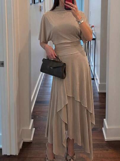 Spring/Summer Glossy Waist-Cinching Asymmetrical Hem Skirt Set, Elegant Women's Outfit For Daily Wear, Dating, Party And Street Style