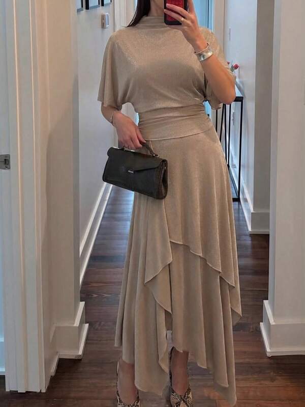 Spring/Summer Glossy Waist-Cinching Asymmetrical Hem Skirt Set, Elegant Women's Outfit For Daily Wear, Dating, Party And Street Style