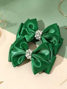 2 piezas de pinzas para el cabello con lazo de cinta de unicolor y decoración de perlas falsas verdes, accesorio de moda para el cabello para fiesta del Día Nacional - Verde - Ver 2
