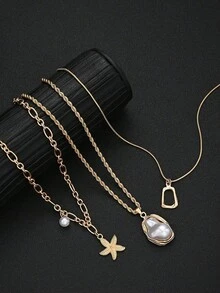 3pcs Vintage Fashion Exaggerated Necklace Set, Featuring Starfish And Faux Pearl Multi-Layer Necklace Set, Suitable For Women To Wear In Summer, Party, Vacation And Other Occasions - Yellow Gold - View 3