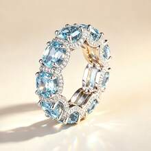 Anillo de Lujo de Moda con Pavé Completo de Circonita Azul Profundo para Mujeres, Elegante Anillo de Boda Exquisito Chapado en Oro Blanco - Celeste - Ver 8