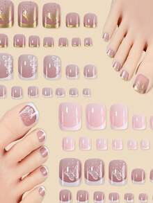 Random Color 24pcs French Style Press-On Toe Nails, 12 Sizes, Full Coverage, Square Short Shape, Floral & Butterfly Pattern, Summer Nail Art Set, Suitable For Festivals, Parties, Dates And Daily Wear - Multicolor - View 4