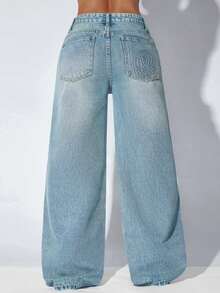 Low Waist Loose Casual Blue Diagonal Pocket Curved Hem Women's Denim Shorts Fall - Dusty Blue - View 3