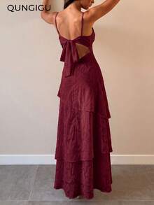 QUNGIGU Women's Spaghetti Strap Long Dress, Elegant Layered Design, Suitable For Wedding, Party, Graduation, Date, Summer Outfit - Redwood - View 4