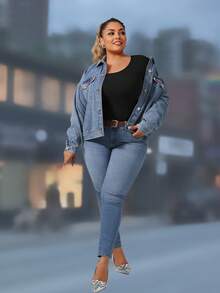 1 buah Atasan Dalaman Lengan Panjang Bahan Fleece Halus Ukuran Besar Musim Gugur/Dingin, Blus Rajut Bergaris 2-in-1 dengan Bantalan Cup Terintegrasi untuk Wanita - Hitam - View 7