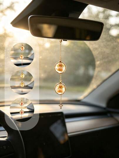 1pc Dried Flower Cross Resin Car Rearview Mirror Hanging Ornament, Multi Color Floral Auto Interior Vehicle Accessory