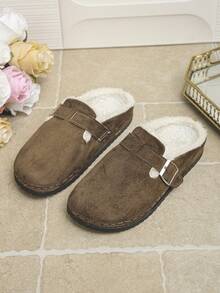 Women's Comfortable Soft Fur Lined Slip-On Closed-Toe Mule Slippers With Buckle Design, Casual Style, Brown, Plus Size, Indoor/Outdoor Home Slippers For Autumn/Winter - Chocolate Brown Velvet - View 6