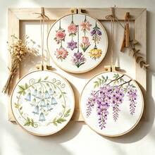 3 Styles French Hanging Floral 3D Embroidery Full Material Kit Wisteria/Bellflower/Mixed Bouquet, Zero-Base Beginner Handmade DIY With Embroidery Hoop, Home Decor Creative Gift - Multicolor - View 8