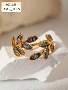 RAYQUEEN 1pc Stainless Steel Colorful Leaf Open Ring For Women, Suitable For Daily Wear - Multicolor - View 5