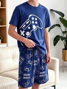 Conjunto de pijama de 2 piezas para niños de verano, azul oscuro minimalista con estampado de mando de juego/letra en blanco, manga corta + pantalones cortos, tela suave, ropa de estar en casa con tema de consola de juegos - Azul Marino - Ver 1