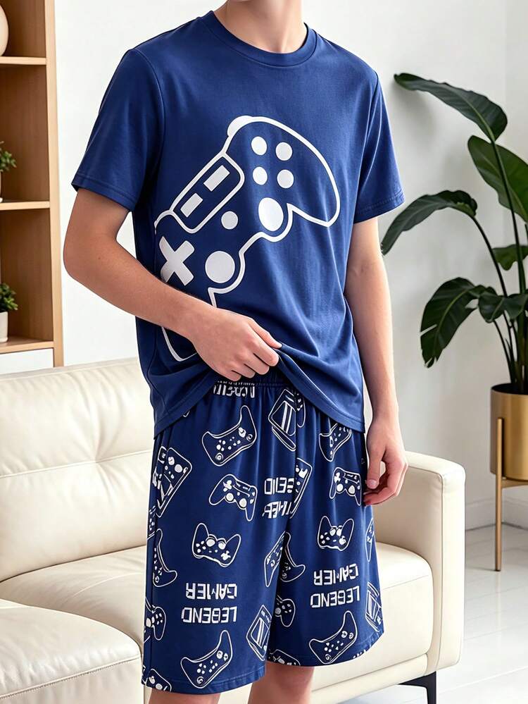 夏季男童深藍色極簡白色遊戲控制器/字母印花短袖+短褲睡衣兩件套，柔軟面料，遊戲主機主題居家服 - 藏蓝色 - 查看 2