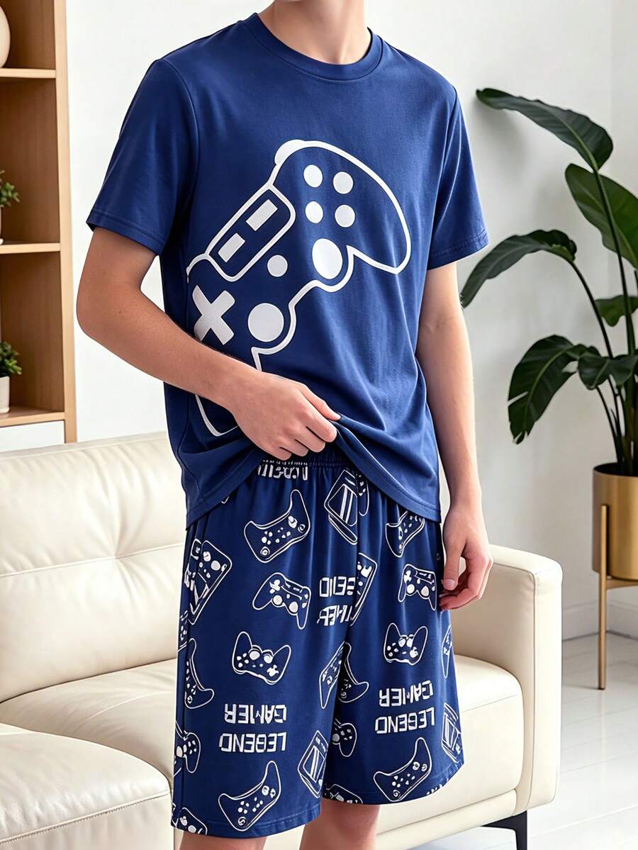 Conjunto de pijama de 2 piezas para niños de verano, azul oscuro minimalista con estampado de mando de juego/letra en blanco, manga corta + pantalones cortos, tela suave, ropa de estar en casa con tema de consola de juegos - Azul Marino - Ver 1