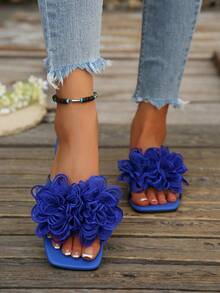 Women's Summer Klein Blue 3D Mesh Floral Square Toe Slide Sandals, Soft Sole Non-Slip Beach Slippers For Vacation And Outdoor Wear - Blue - View 7