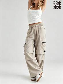 mulinsen Celana Kargo Wanita dengan Tali Serut di Pinggang, Celana Panjang Kasual Longgar Gaya Streetwear Fungsional - Khaki - View 1