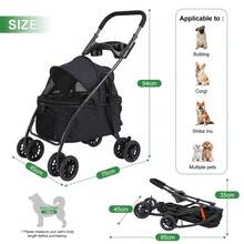 Foldable 2-In-1 Pet Stroller For Cats & Small Dogs – Lightweight 4-Wheel Trolley With Adjustable Canopy, Breathable Mesh Panels, Storage Compartment & Included Carry Bag – Compact Design For Walks, Travel & Outdoor Adventures (Black) - Double Layer - 查看 4