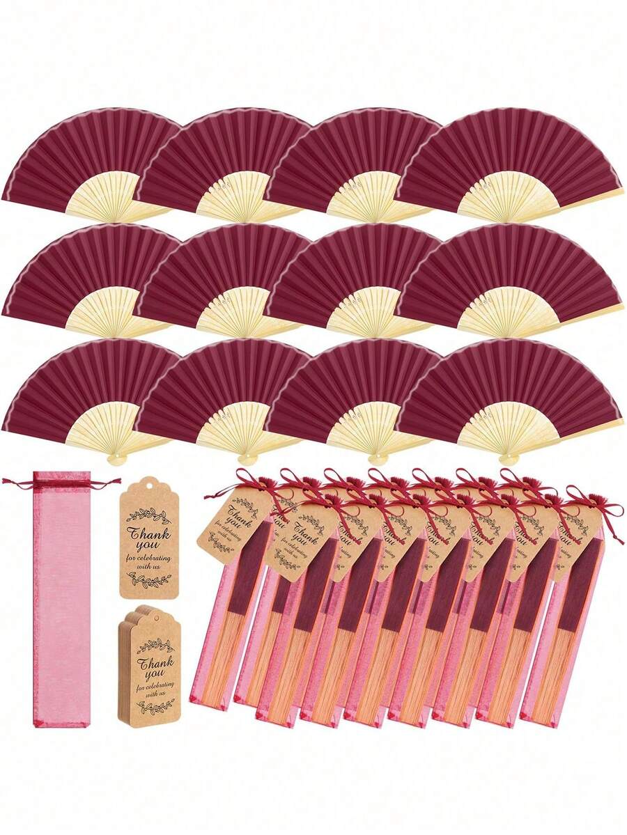 1/3/15/30pcs Elegant White Fan Set, Includes Thank You Card, Tag And Gift Bag, Bride Bamboo Handheld Folding Fan, Suitable For Bridesmaid Gift And Wedding Decoration, Party Event, Perfect Summer Accessory