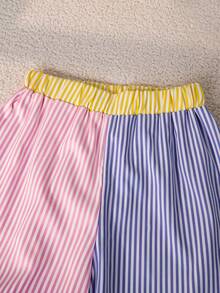 Left Mama Tween Girl Sweet Striped Patchwork Bow Decor Long Sleeve Top And Straight Leg Pants Set, Spring/Autumn - Multicolor - View 8