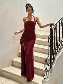 Women's Solid Color Halter Neck Cocktail Party Dress With Slit Design - Burgundy - View 4