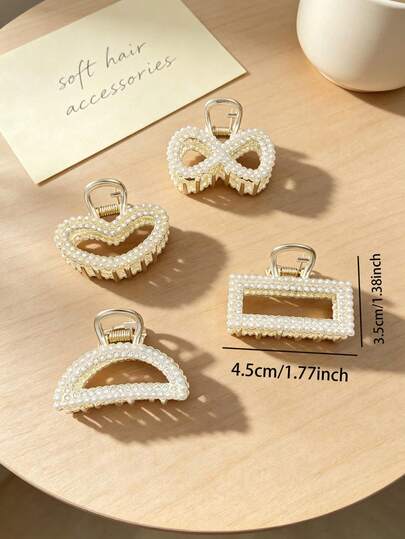4pcs Women's Minimalist Luxury Pearl & Rhinestone Small Hair Claw Clips, Korean Style Gentle Hair Claw For Daily Commute, Loose Hair Styling, Hair Accessories Suitable For Daily Outings, Casual, Party, Work, Beach Vacation, Clothing Accessories