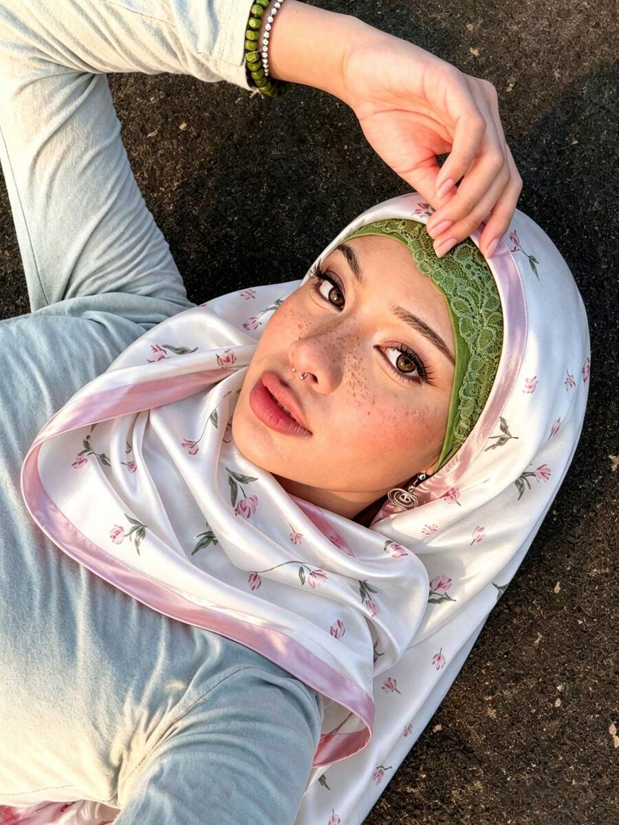 1件女款緞面粉色花卉印花長圍巾,輕盈透氣親膚多功能夏季圍巾,全包邊,柔軟垂墜感高級,適合日常穿搭 - 粉色 - 查看 1