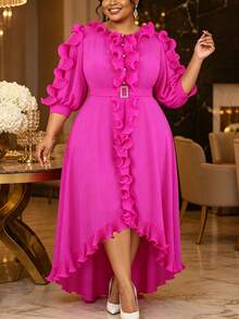 Plus Size Women Elegant Chiffon Maxi Dress With Tiered Ruffles Button And Belted Irregular Hem A Line Dresses Wedding Guest Party Gown - Hot Pink - View 2
