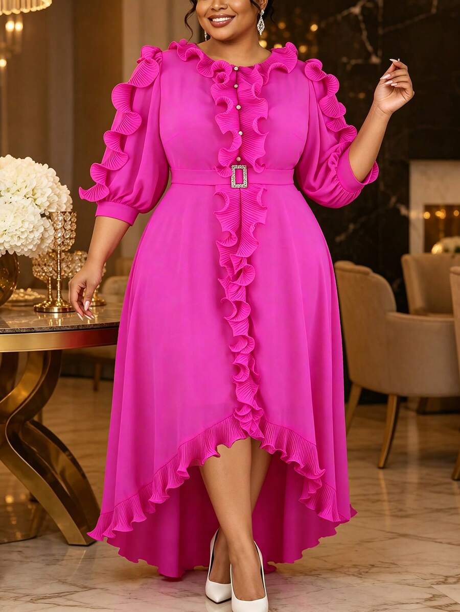 Plus Size Women Elegant Chiffon Maxi Dress With Tiered Ruffles Button And Belted Irregular Hem A Line Dresses Wedding Guest Party Gown