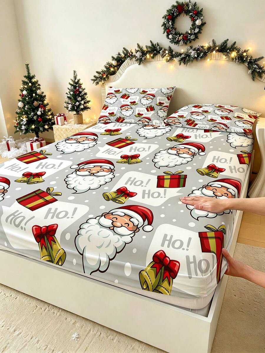 1pc Christmas Holiday Bedding Fitted Sheet(Sheet Only, No Pillowcase),Santa Claus Ho Ho Ho All Over Print Soft Breathable Deep Pocket Mattress Cover, Festive Decor For Xmas Bedroom Dorm Guest Room - Multicolor - View 1
