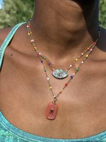 Vintage Style Versatile Natural Stone Pendant Necklace With Colorful Metal Chain Accessory - Necklace - View 2