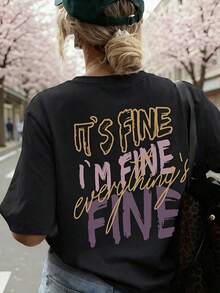 New Summer Women's Round-Neck T-Shirt, Featuring A FINE Letter Print. Soft, Comfortable To Wear - Black - View 1