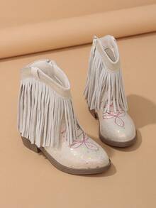 NILOSH Girls' Beige Glitter Tassel Decor Embroidered Side Zipper Round Toe Low Chunky Heel Western Cowboy Boots - Beige - View 7