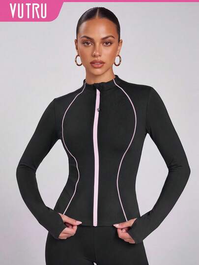 VUTRU Women's Slim Fit Contrast Color Zipper Sports Jacket With Thumb Holes And Small Stand Collar, Fitness Running Coat