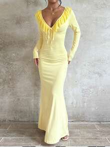 Women's Autumn Yellow Dress With Ruffle Tie Long Sleeve Slim Fit Elegant Dress For Party And Back To School Season - Yellow - View 2