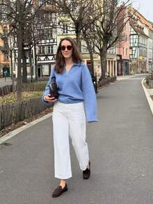 EAVA Blue POLO Collar Knit Sweater Loose Slouchy V-Neck Slimming Versatile Autumn/Winter Knitwear - Blue - View 3