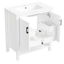 76.5 X 47 X 83 Cm, Freestanding Vanity Unit, Fully Lacquered, Double-Door Cabinet, Storage In Various Sizes, Integrated Ceramic Washbasin, Open Shelves, White. - White - View 9