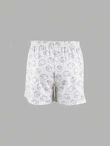 Norcotton 2pcs Animal Print Allover Elastic Waist Loose Casual Home Lounge Shorts Faux Fly Couple Pajama Pants - White - View 3