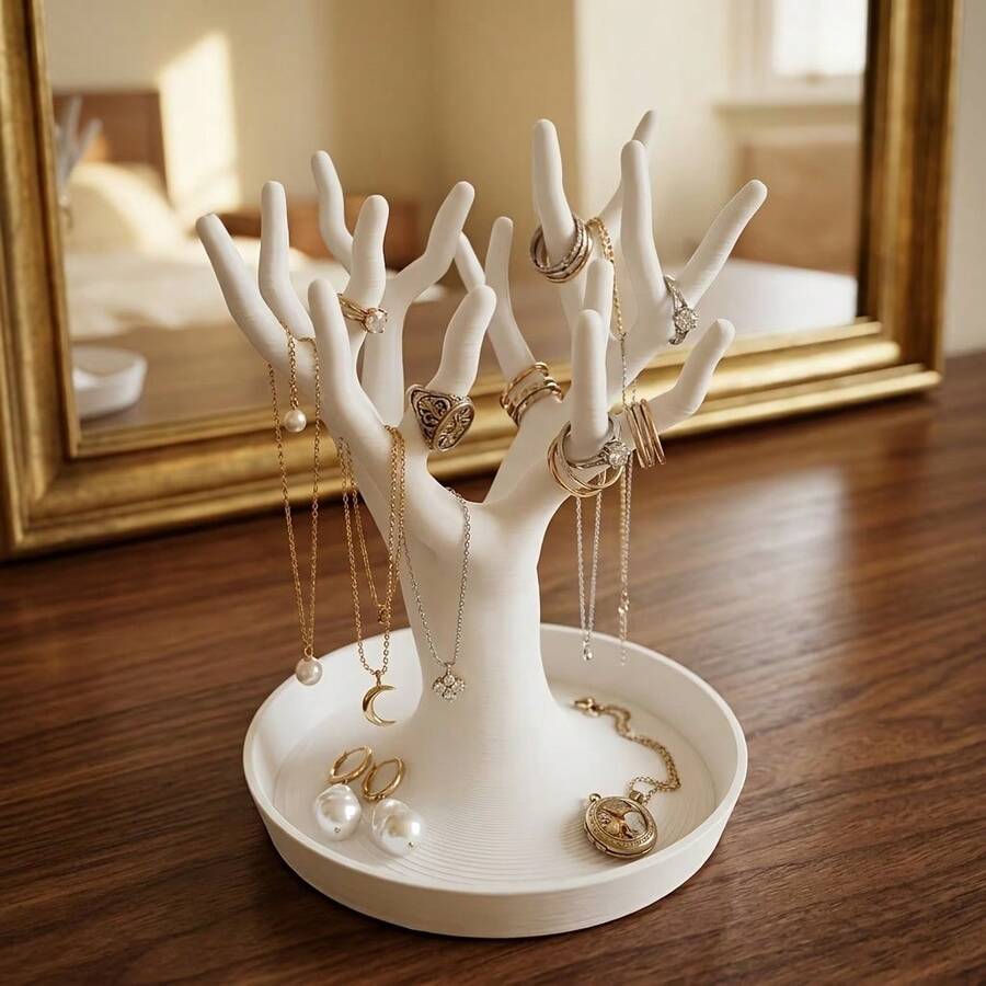 1pc Tree-Shaped Jewelry Storage Rack, White Resin Hand-Shaped Jewelry Display Tray, Ring, Necklace And Earring Display Stand, Suitable For Bedroom Vanity, Jewelry Key Tray, Vanity Decor Gift - Multicolor - View 1