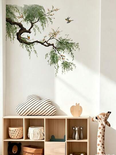Large Size Ins Style Green Tree & Bird Wall Sticker, Translucent Branches & Green Leaves, Weeping Willow & Swallow, Cute Squirrel, DIY Waterproof PVC Self-Adhesive Peel And Stick, Ins Style Bedroom Headboard, Living Room, Entryway, Wardrobe Door, Sideboard Wall Art Decorative Sticker