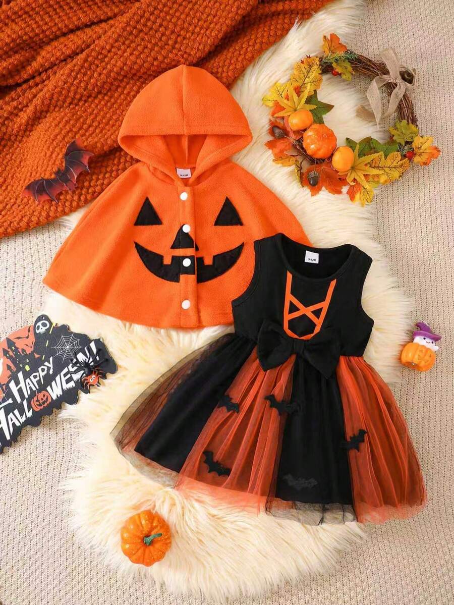 Baby Girl Halloween Orange Fleece Hooded Cape With Pumpkin Face And Bat Tulle Tutu - Multicolor - View 1