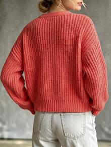 Women's Ruffle Collar Fabric-Covered Button Lantern Sleeve Loose Knit Cardigan – Simple Casual Versatile Fall Winter Daily Wear Sweater - Hot Pink - View 3