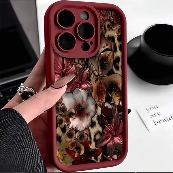 1pc Burgundy Minimalist Stepped Lens Protection Anti-Fall Anti-Collision Retro Leopard Print Bottom Orchid Pattern Phone Case Personalized Compatible With Iphone 16 Pro Max/18/17/16/15/14 Plus/13/12/11 Protective Case Air Suitable For Samsung Series